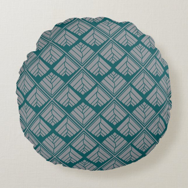 Square Leaf Pattern Teal Neutral Round Pillow (Front)