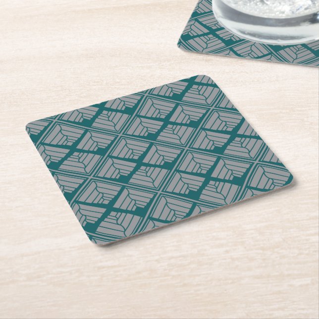 Square Leaf Pattern Teal Neutral Square Paper Coaster (Angled)