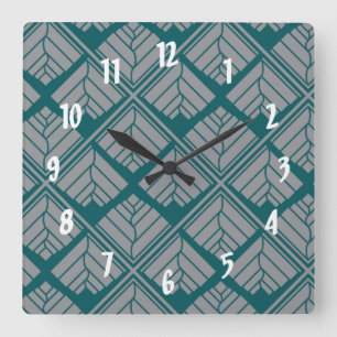Square Leaf Pattern Teal Neutral Square Wall Clock