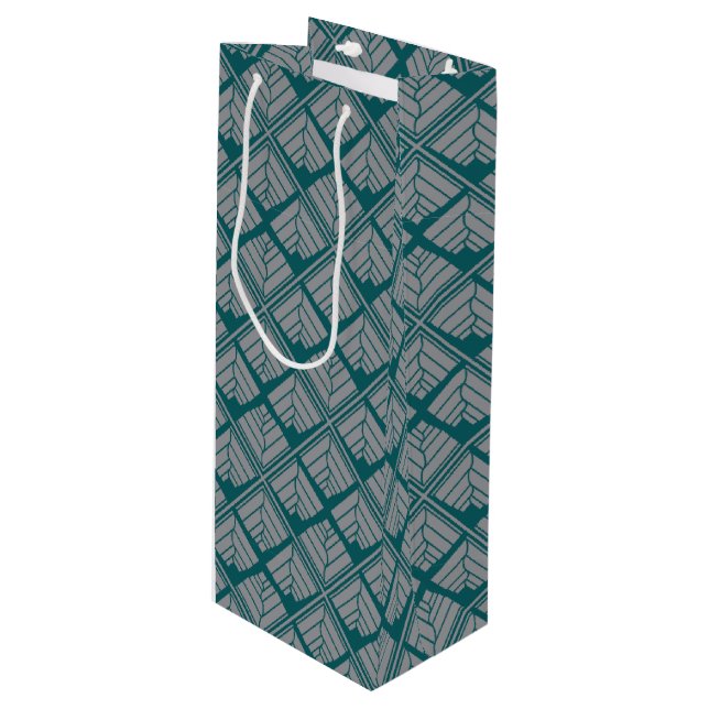 Square Leaf Pattern Teal Neutral Wine Gift Bag (Front Angled)