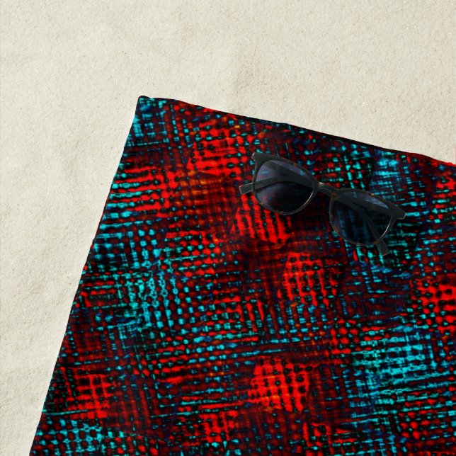 Square-lined scratched out red and clear blue beach towel (In Situ)