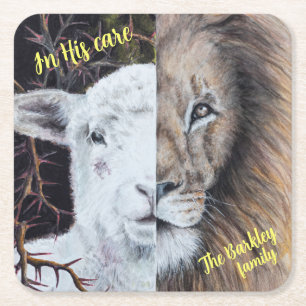 Square Lion and Lamb coaster; customizable Square Paper Coaster