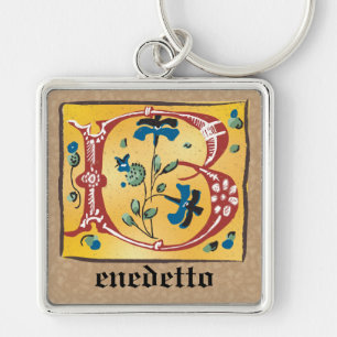 Square Medieval Floral Illuminated B Monogram Keychain