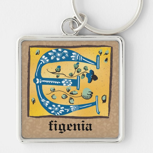 Square Medieval Floral Illuminated E Monogram Keychain (Front)