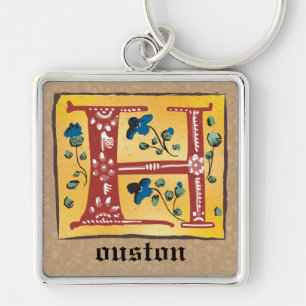Square Medieval Floral Illuminated H Monogram Keychain