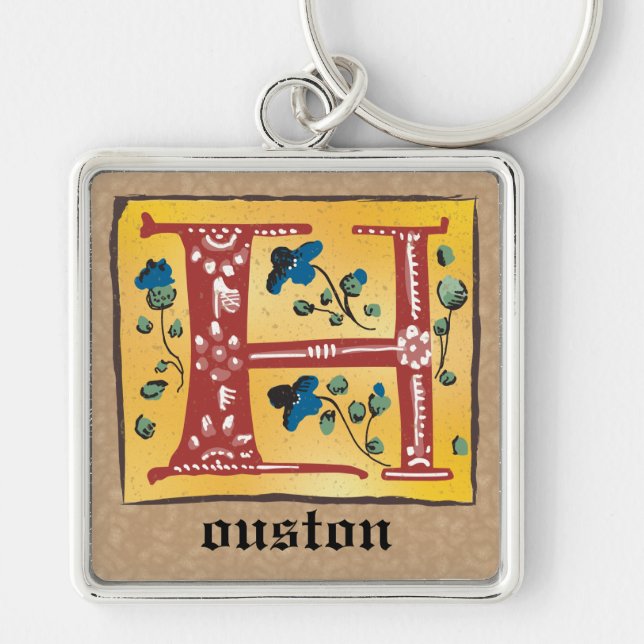 Square Medieval Floral Illuminated H Monogram Keychain (Front)