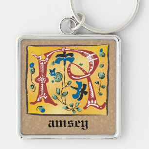 Square Medieval Floral Illuminated R Monogram Keychain