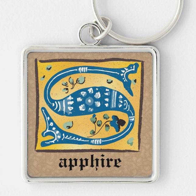 Square Medieval Floral Illuminated S Monogram Keychain (Front)