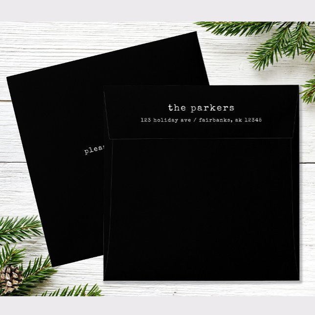 Square Minimalist Typewriter | Black Envelope (A square, black envelope with white typewriter text)