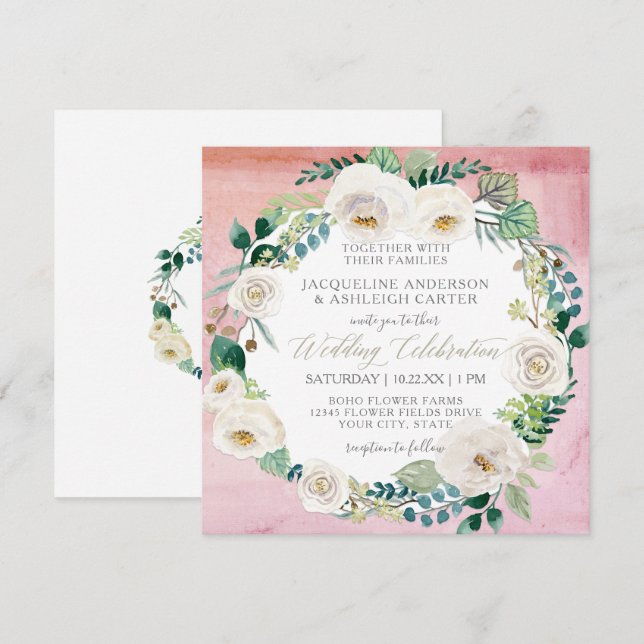 Square Modern Blush n White Rose Eucalyptus Wreath Invitation (Front/Back)