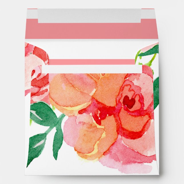 Square Modern Floral Watercolor Roses Striped Art Envelope (Back (Bottom))
