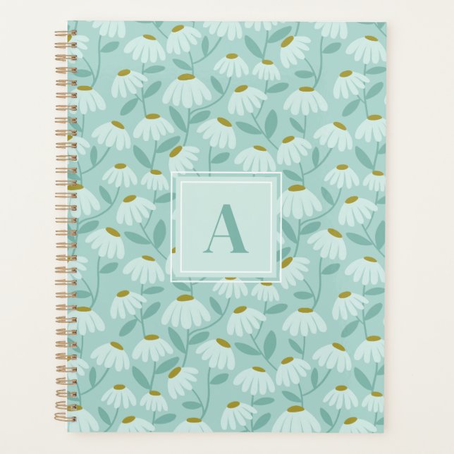 Square Monogram Initial Teal Blue Floral Pattern Planner (Front)