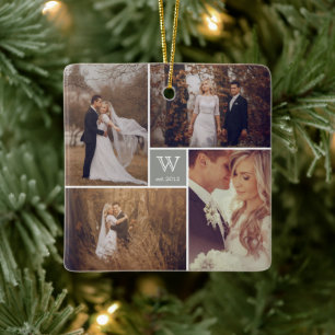Square Monogram Photo Collage Holiday Ornament