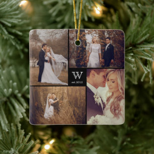 Square Monogram Photo Collage Holiday Ornament