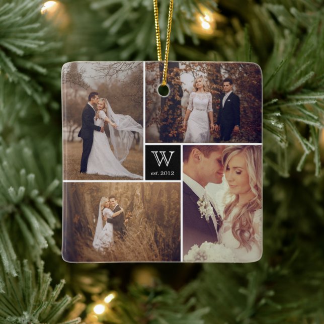Square Monogram Simple Photo Collage Holiday Ceramic Ornament (Tree)