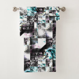 Square mosaic of messy textures in silver to cyan bath towel set