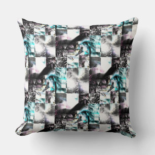 Square mosaic of messy textures in silver to cyan throw pillow