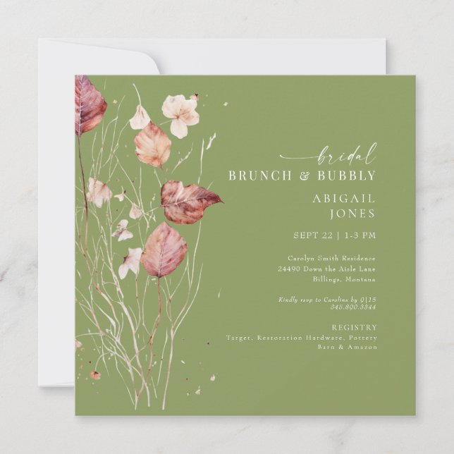 Square Moss Green Autumn Bridal Brunch & Bubbly Invitation (Front)