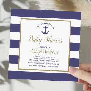 Square Nautical Anchor Navy Blue Boy Baby Shower Invitation