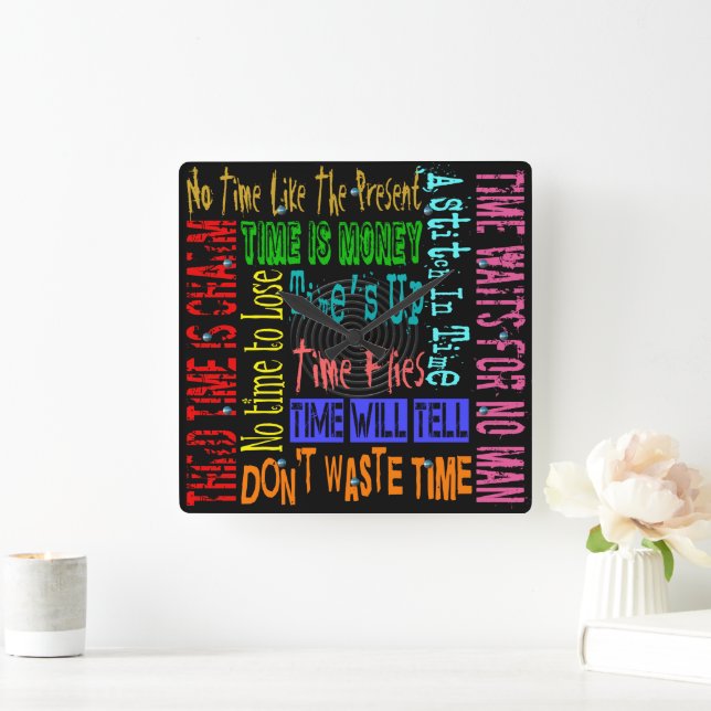 Square Neon-Bright Colour Time Sayings Clock (Home)