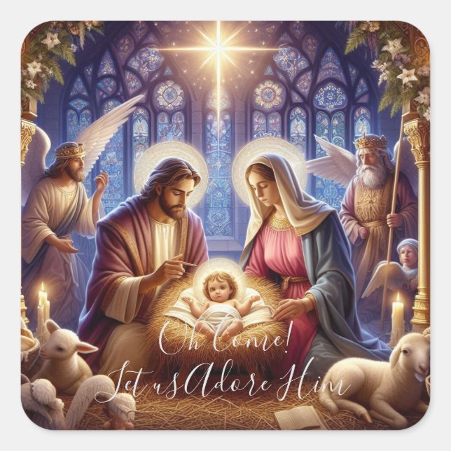 Square - Oh Come! Let us adore Him Sticker (Front)