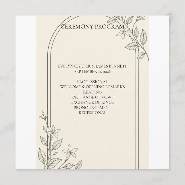Square Olive Botanical Wedding Ceremony Program (Front)