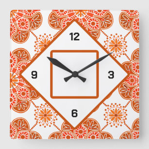 Square Orange Wall Clock for country kitchen