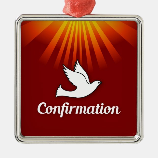 Square Ornament, Confimrtion, Dove on Red, Metal Ornament (Front)