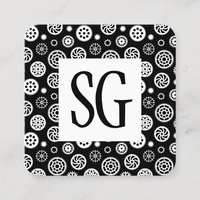Square Panel - Initials - Gears Pattern Square Business Card (Front)