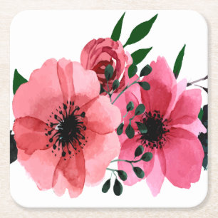 Square Paper Coasters with Large Pink Flowers