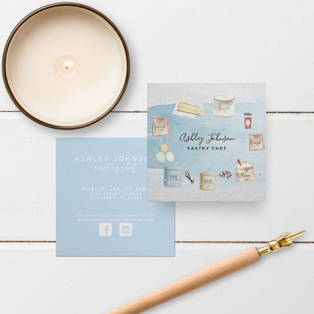 Square Pastry Chef Watercolor Baking Ingredients Business Card (Creator Uploaded)