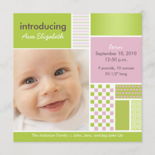 Square Patchwork Lime Designer Birth Announcement