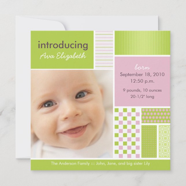 Square Patchwork Lime Designer Birth Announcement (Front)