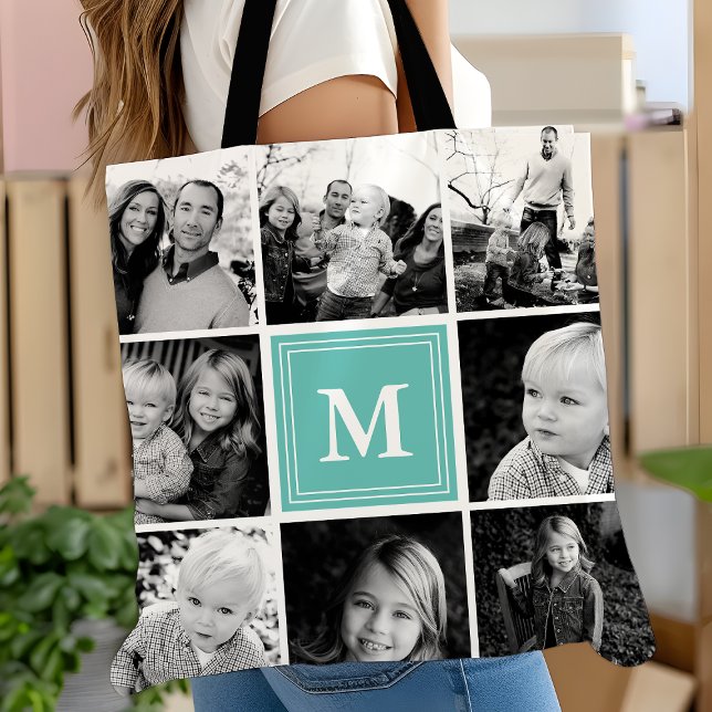 Square Photo Collage Teal Monogrammed Custom Tote Bag (Creator Uploaded)