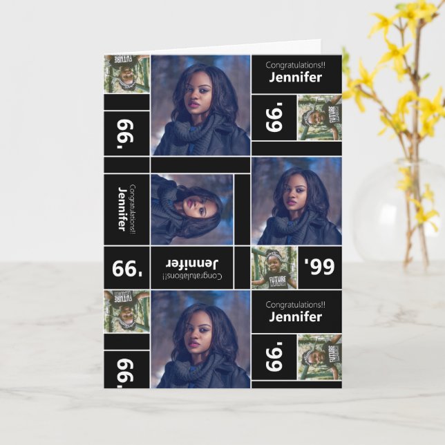 Square Photo Graduation Class Year Black Card (Yellow Flower)