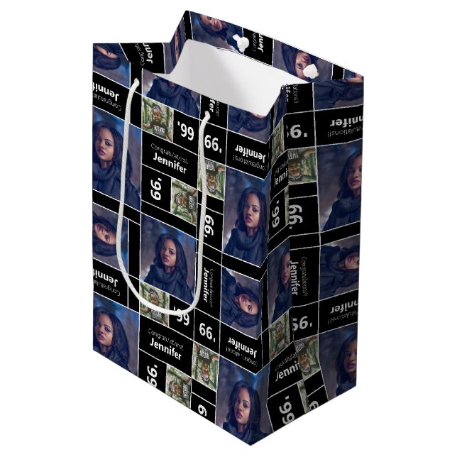 Square Photo Graduation Class Year Black Medium Gift Bag (Front Angled)