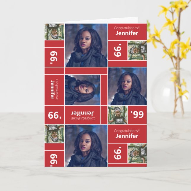 Square Photo Graduation Class Year Red Card (Yellow Flower)