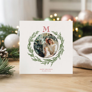 Square Photo Holiday Card, Wreath Monogram Card