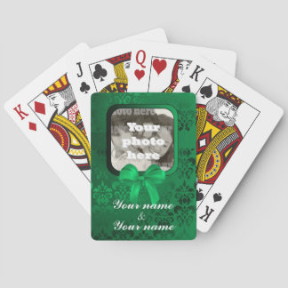 Square photo template on green damask playing cards