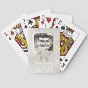 Square photo template on white damask playing cards