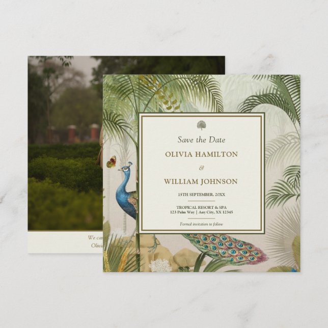 Square Photo Tropical Peacock Palm Save the Date  (Front/Back)