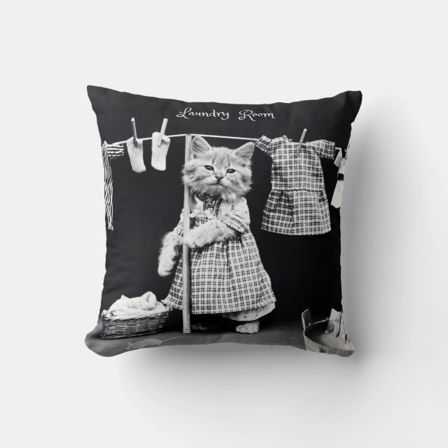 Square Pillow, Cat Hanging Laundry Throw Pillow (Front)
