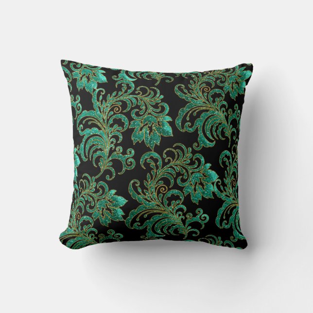 Square Pillow Jade Green Brocade Black Damask (Front)
