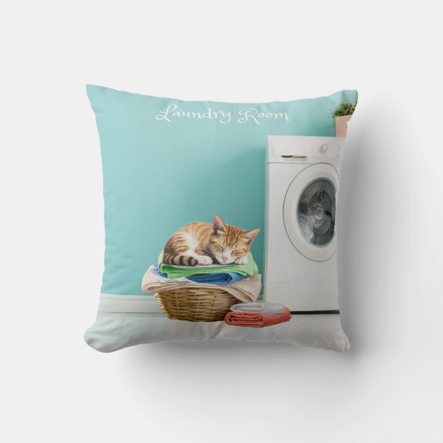 Square Pillow, Laundry Room With Cat Throw Pillow (Front)