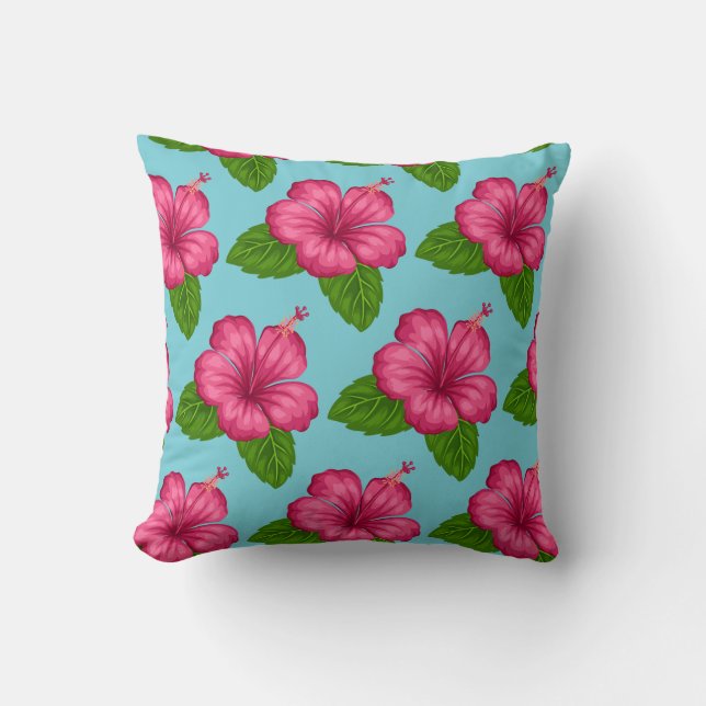Square Pillow-Pink Hibiscus Flower Throw Pillow (Front)