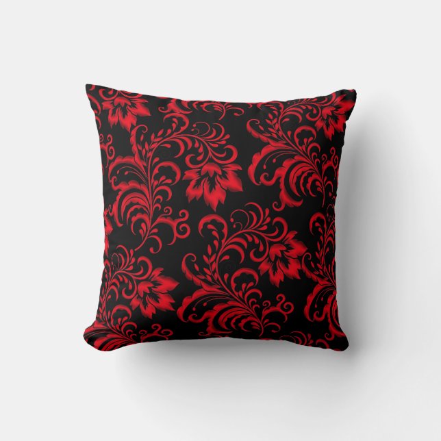 Square Pillow Red Brocade Black Damask (Front)