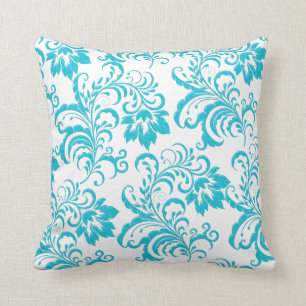 Square Pillow Teal Blue Aqua White Damask Floral