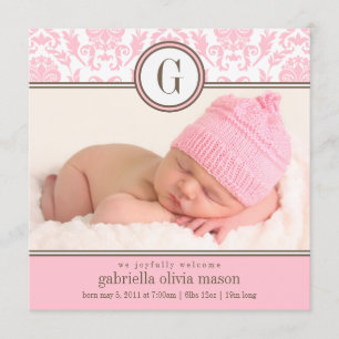 Square Pink Damask Birth Announcement