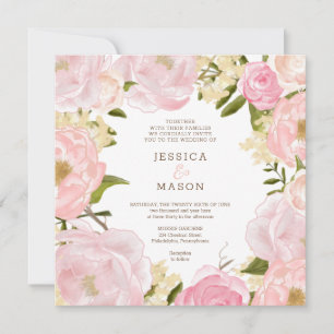 Square Pink Floral Peonies Wedding Invitation