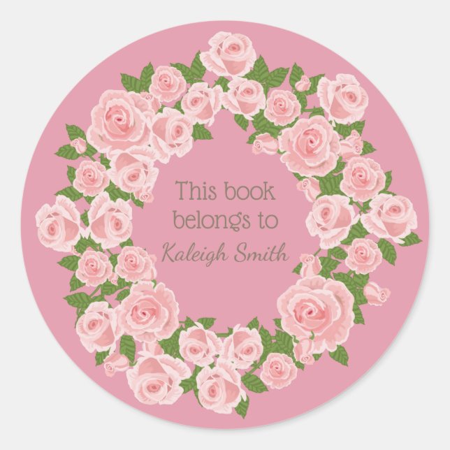 Square Pink Floral Wreath on Pink Book Name Plate Classic Round Sticker (Front)